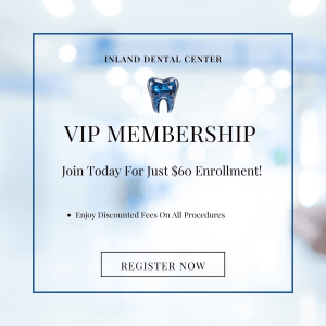 VIP Membership flyer: “Island Dental Center” logo, offer “Join Today for Just $60 Enrollment”, with “REGISTER NOW” button