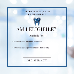 Eligibility screen: “AM I ELIGIBLE?” headline, bullet points on private insurance/dental plan, “REGISTER NOW” CTA