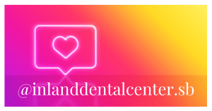 ocial media banner: gradient pink-to-yellow background, neon heart-in-speech-bubble icon, handle “@inlanddentalcenter.sb”