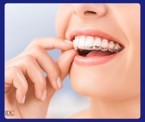 Close-up of lower arch: clear aligner in place; fingers gently lifting lip to reveal appliance and healthy gingiva